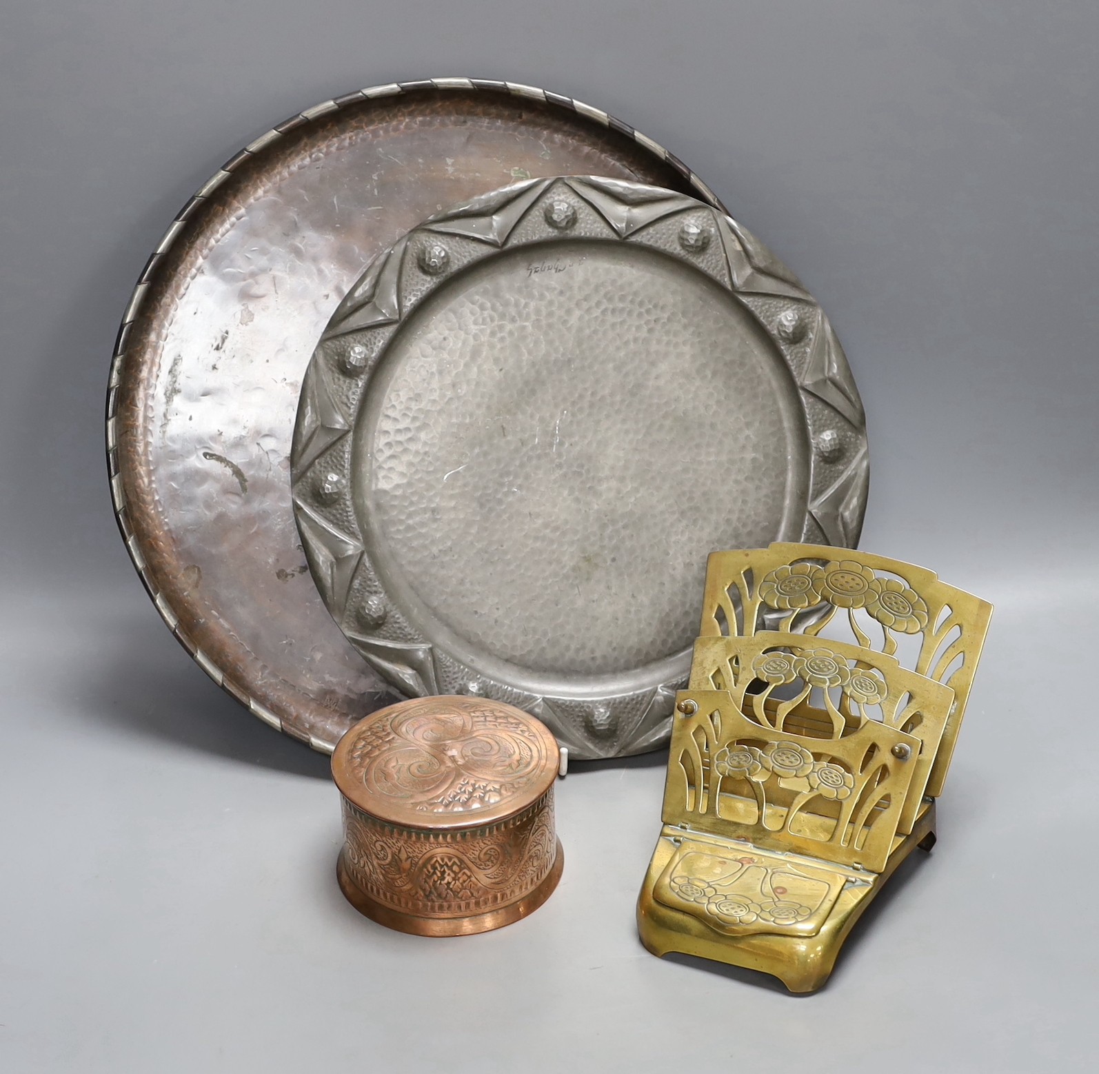 An Arts and Crafts copper box, Hugh Wallis tray and two other items